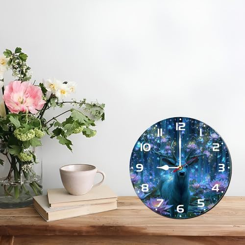 FemiaD Deer Wall Clock 10inch Silent Non-Ticking Battery Operated Quartz Round Wooden Wall Clock Decorative for Kitchen Bedroom Living Room Home Decor