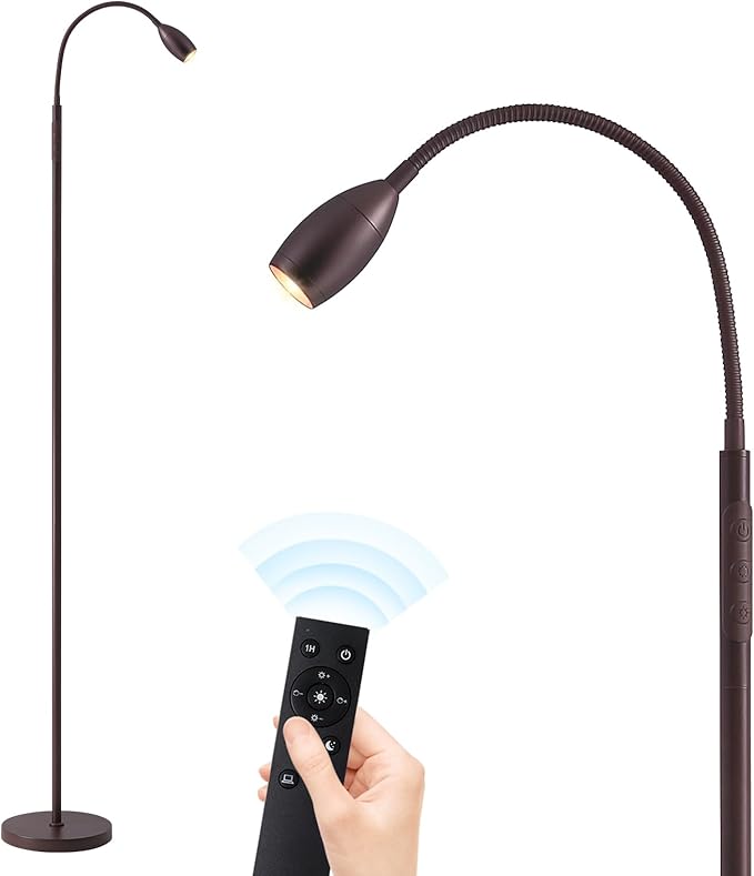 Reading Floor Lamp, Dimmable LED Floor Lamp with Remote, Standing Lamp with Flexible Gooseneck, Zoomable Spotlight, Reading light, Task Crafting Tall Lamps for Living Room Office Bedroom(Brown)