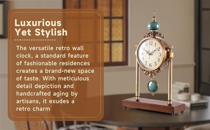 Vintage Mantel Clock, Silent Non-Ticking Table Clock with Pendulum, Luxury Metal & Wood Desk Clock for Living Room, Bedroom, Study Room Decor