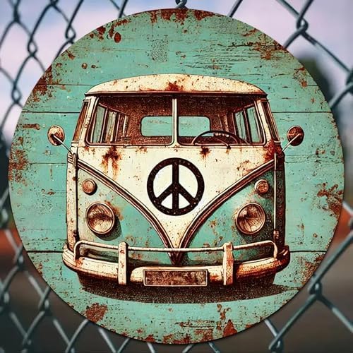 1pc Vintage Hippie Van Peace Sign Aluminum Wall Art, Retro Distressed Metal Plaque, Novelty Home Bathroom Decor for Room,(8x8 Inch), Aesthetic, Perfect for Room Decor