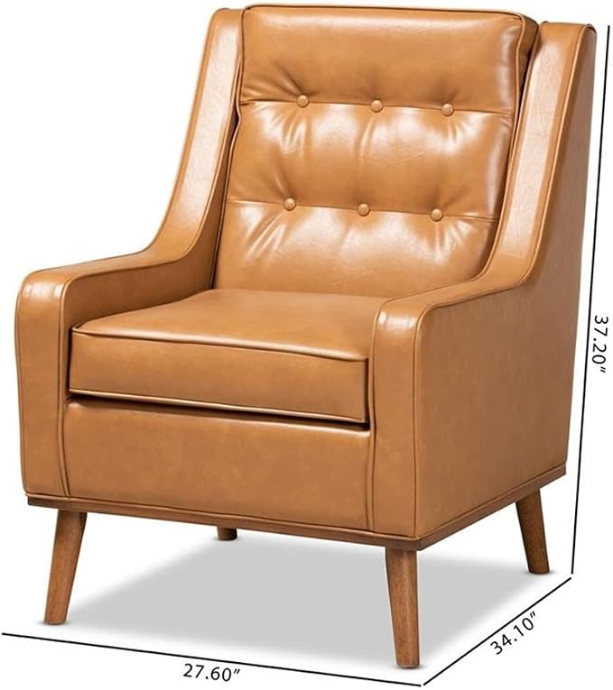 BOWERY HILL Lounge Armchair, Tan Faux Leather Upholstery, Walnut Brown Finished Wood, Button-Tufted Backrest, Removable Seat Cushion, Mid-Century Style, 37.2" H x 27.6" W x 34.1" D Accent Chair for