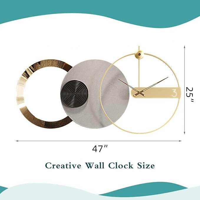 Mid Century Modern Large Silent Wall Clock Non Ticking for Living Room, 47"X25" Giant Decorative Round Black Clock for Wall, Big Unique Metal Fancy Clock Wall Decor for Bedroom Entryway