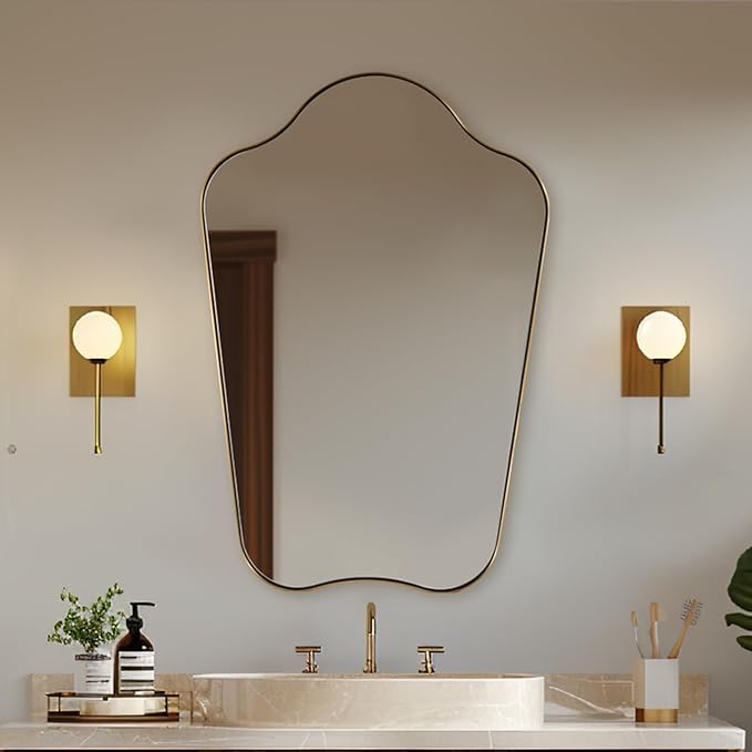 ANDY STAR 24x36 Gold Mirror, Brushed Brass Scalloped Mirror with Curved Design, Irregular Wall Mirror for Bathroom, Vanity, Powder Room, Stainless Steel Frame, Anti-Rust