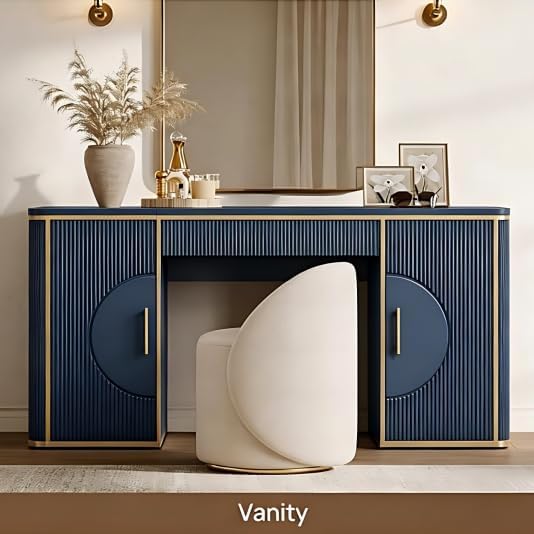 60" Fluted Writing Desk, Wooden Long Home Office Computer Desk with Drawer & Storage Cabinet, Modern Writing Table with Charging Station, High Executive Desk, Bedroom, Navy Blue, Set of 2