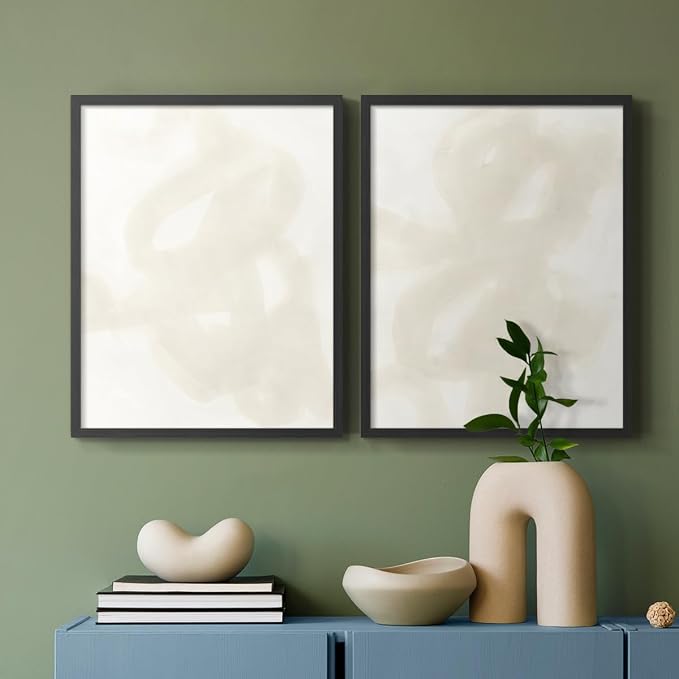 Renditions Gallery Set of 2 Peel & Stick Framed Prints, Abstract Wall Art, Beige and White Aesthetic Wall Decor, Re-Stickable - Ready to Hang - 16"x20" - Black Frame LT588