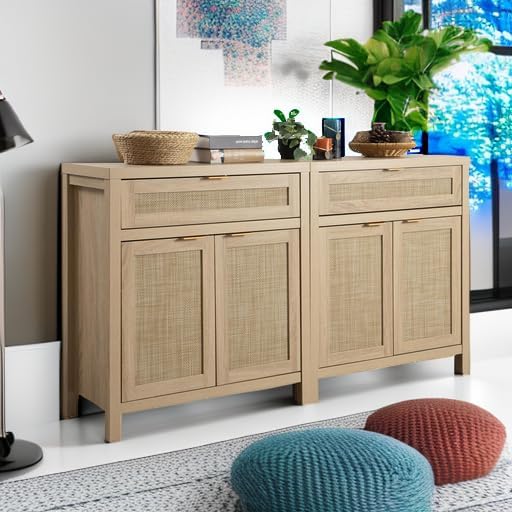 SICOTAS Sideboard Buffet Storage Cabinet Set of 2, Rattan Credenza Buffet Table, Boho Console Accent Cabinet with Doors and Drawer, Coffee Bar Cabinets for Kitchen Entryway Living Room, Natural