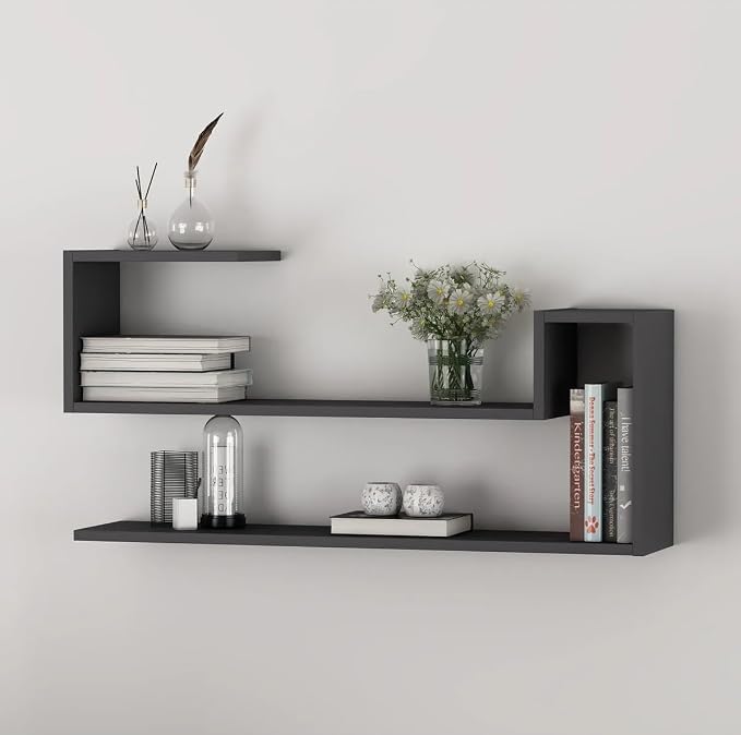 Geometric Wall Shelf: Modern MDF Floating Bookshelf (Anthracite)