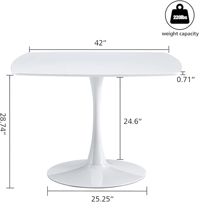 42 Inch White Square Dining Table, Mid Century Tulip Table for 4-6 People Modern Kitchen Dining Table with MDF Tabletop and Metal Pedestal Base