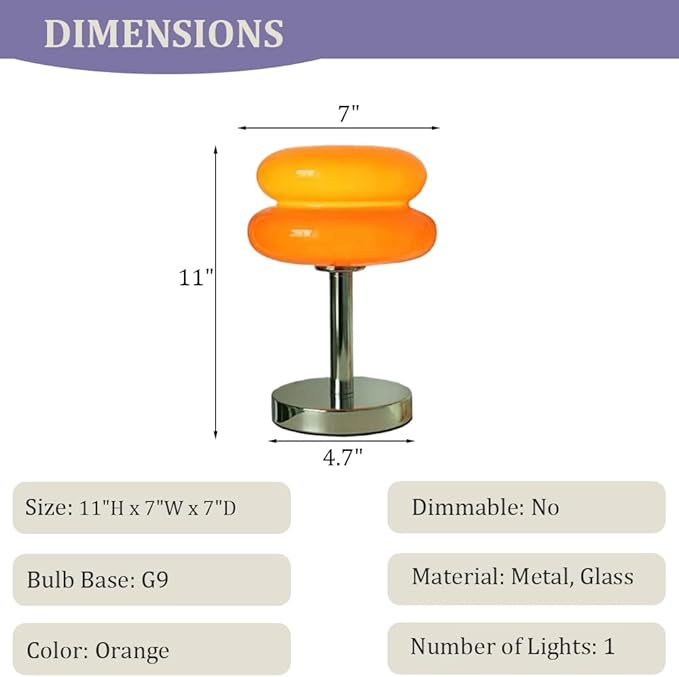 Meefad Contemporary Glass Table Lamp, Cute Bedside Lamp, Girl's Elegant Night Light for Bedroom Nightstand in Orange