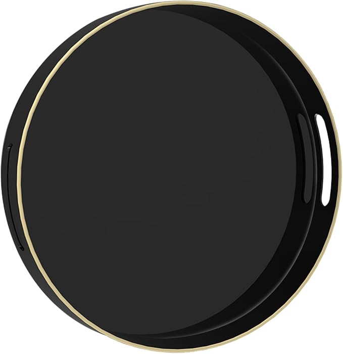 MAONAME Black Decorative Tray for Coffee Table, Modern Round Serving Tray with Handles, 13" Plastic Tea Trays for Ottoman, Bathroom Decor