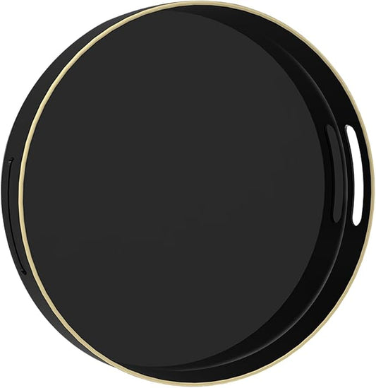 MAONAME Black Decorative Tray for Coffee Table, Modern Round Serving Tray with Handles, 13" Plastic Tea Trays for Ottoman, Bathroom Decor
