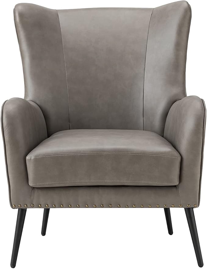 HULALA HOME Faux Leather Accent Chair with Removable Cushion, Comfy Upholstered Armchair with Black Metal Legs & Nailhead Trim Wingback Vanity Chair for Reading Living Room Bedroom, Grey