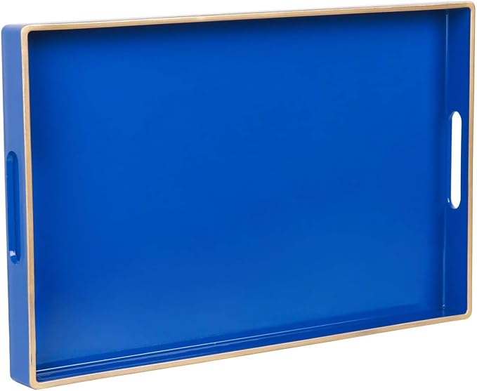 Decorative Tray, Rectangular Plastic Tray with Handles, Modern Vanity Tray and Serving Tray for Bathroom, Kitchen, Ottoman and Coffee Table, 15.6” x 10.2” (Drak Blue)
