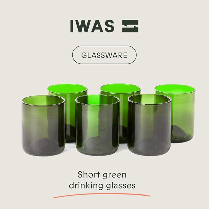 IWAS Upcycled Green Drinking Glasses | 250 ML | 8.45 OZ | Set of 6 | Sustainable Water Glass | Environmentally Friendly Dark Green Glassware