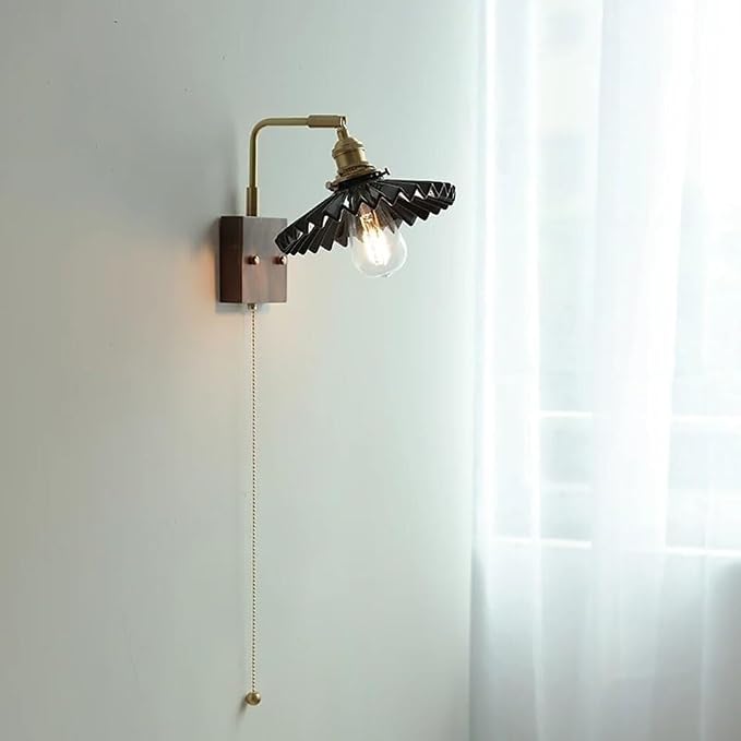 Adjustable Retro Brass Pleated Wall Sconce with Walnut Base - Stylish Swing Arm Lamp for Bedroom, Living Room & Study - Pull Chain Switch Lighting Fixture (Black)