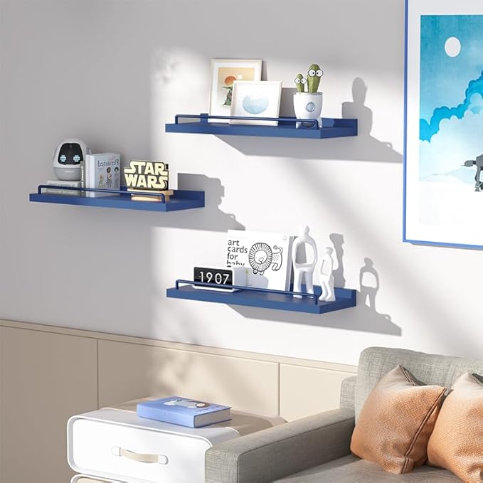 Floating Shelves, Bathroom Decor Shelves Over Toilet, Farmhouse Wall Shelves for Living Room, Bedroom, Picture Frames, Plants, Kitchen, Set of 3 (Dark Blue)