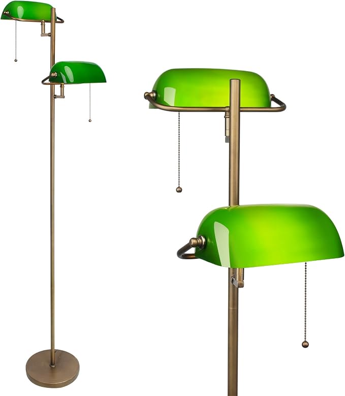 FIRVRE Green Glass Bankers Floor Lamp Classic Vintage Standing Lamp with Pull Chain Switch Adjustable Arm Reading Floor Light for Bedroom Headboard Workplace Office Piano Style Lamp