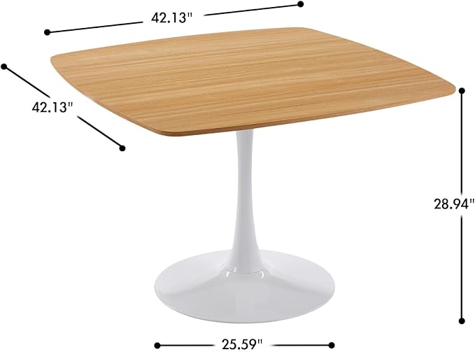 42 Inch White and Oak Square Dining Table for 4-6 Person,Mid-Century Oak Tulip Table Kitchen Dining Table with MDF Tabletop and Pedestal Base for Home Kitchen