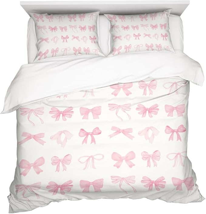 Pink Duvet Cover Queen Size Trendy Pink Bow Bowknot Bedding Set,Dreamy Princess Style Kids Girls Super Soft Bedding Set for Women Teens Funky Preppy Girly Room Decor Coquette Decor 88"x88"