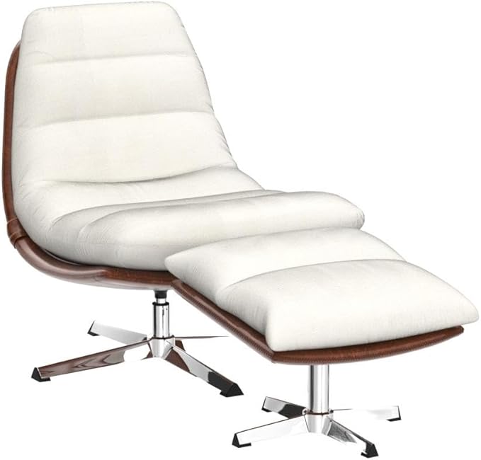 Swivel Accent Chair with Ottoman, Mid Century Modern Linen Lounge Chair with footrest, Comfy Oversized Armchair with 360 Degree Metal Base for Living Room/Bedroom, Cream