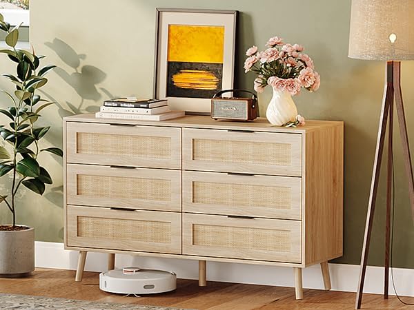 VINGIL 6 Drawer Rattan Dresser, Boho Chest of Dressers, Modern Wooden Dresser with Ample Storage, Rattan Chest of Drawers for Bedroom, Oak