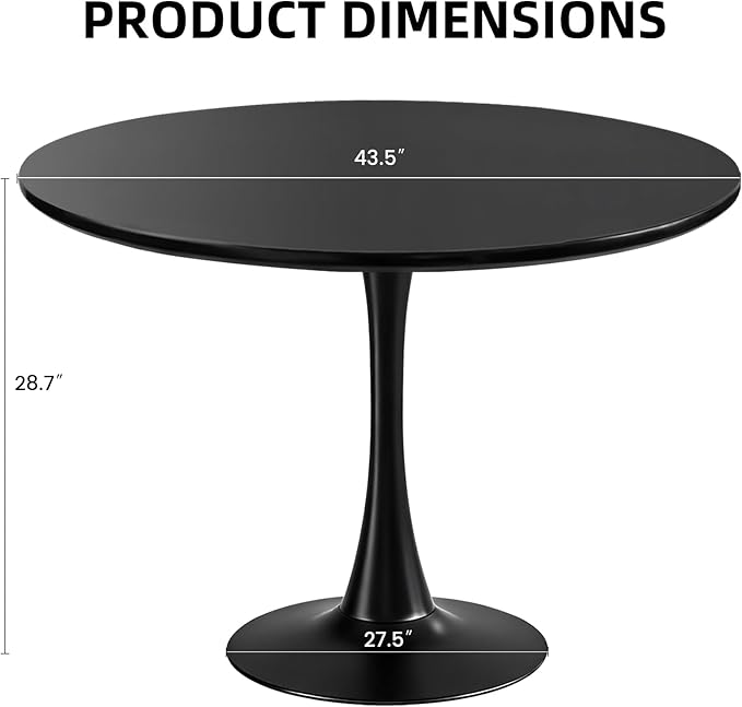 43.5" Tulip Table, Round Dining Table with Thickened Tabletop & Metal Pedestal, Mid Century Modern Bistro Circle Table for Kitchen, Small Places, Living Room, Cafe (Black)