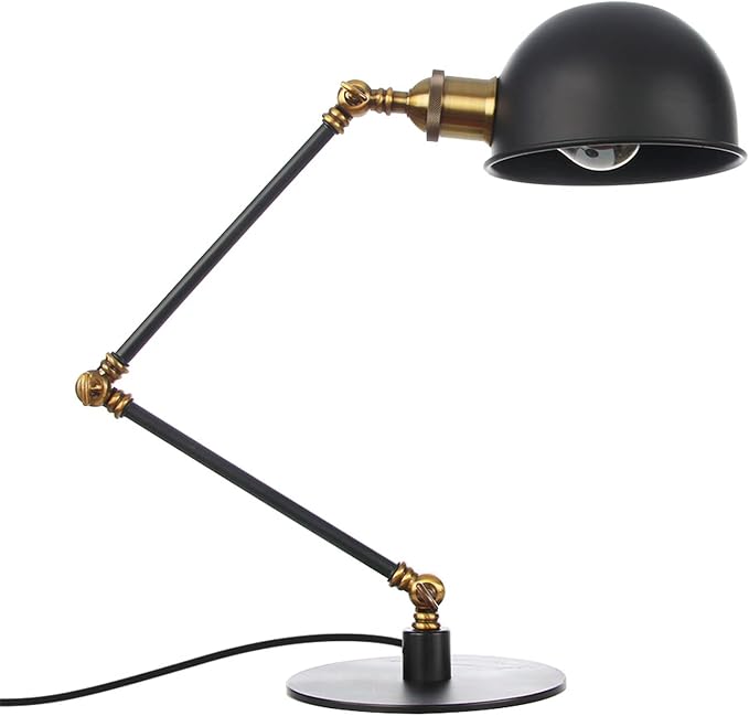 Makeup Vintage Desk Lamp, Adjustable Swing Arm Industrial Metal Task Table Lamp, Bedroom Bedside Night Light Retro Reading Lighting,Black+Gold