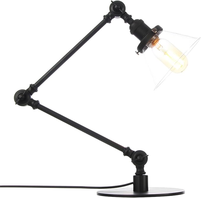 Table Lamp, Adjustable Swing Arm Metal Desk Lamp with Clear Glass Shade, Vintage E26 Reading Light for Bedroom or Bedside