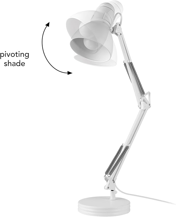Globe Electric 52024 28" Swing Arm Architect Desk Lamp, Matte White, Rotary Switch on Shade, Partially Adjustable Arm, Modern Lighting for Bedroom or Office, Timeless, Indoor Lights