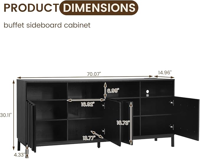 COCO DESIGN 70" Buffet Sideboard Cabinet with Fluted Panel Doors, Large Credenza Console with Power Outlet & Adjustable Shelves, Modern Storage Cabinet for Kitchen & Living Room, Black