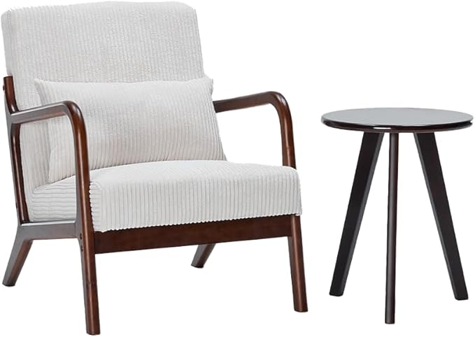 Accent Chairs with Side Table, Mid Century Modern Chair with Pillow, Arm Chair with Solid Wood, Reading Relaxing Leisure Chair for Living Room, Bed Room, Waiting Room, White