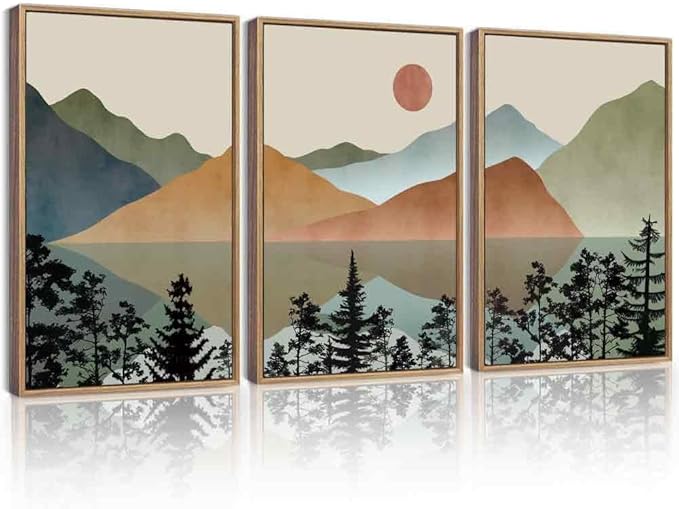 KUVIOKE Watercolor Mountain Framed Wall Art Nature Laker Landscape Painting Sun Rises Boho Farmhouse Rustic Room Decor 16x24in (Natural Framed)