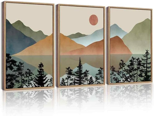 KUVIOKE Watercolor Mountain Framed Wall Art Nature Laker Landscape Painting Sun Rises Boho Farmhouse Rustic Room Decor 16x24in (Natural Framed)