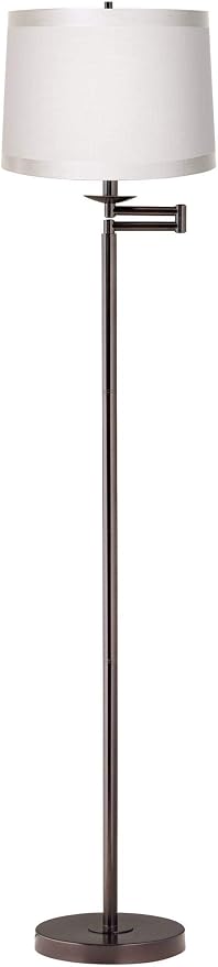 360 Lighting Modern Swing Arm Floor Lamp Standing 60 1/2" Tall Bronze Brown Adjustable Off White Fabric Drum Shade with Self Trim Decor for Living Room Reading House Bedroom Office