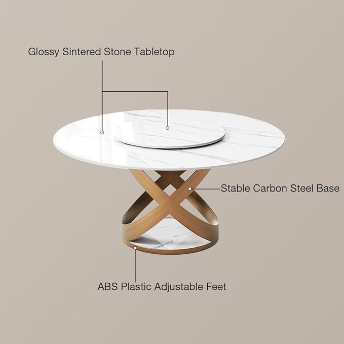 POVISON 59" Modern Round Dining Table with Lazy Susan, White Round Kitchen Table for 6, Sintered Stone Dining Room Table top with Bronze X Carbon Steel Base (Dining Table Only)