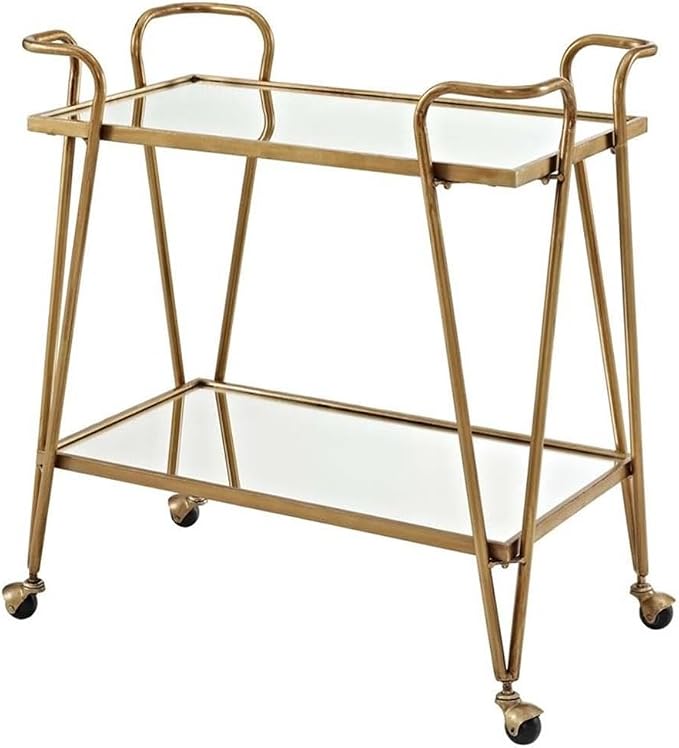 Riverbay Furniture Mid-Century Bar Cart, Mirrored Top and Shelf, Gold Finish, Iron Frame, 30" W x 17.38" D x 31.75" H, Mobile Design with Castors, Stylish Home Storage