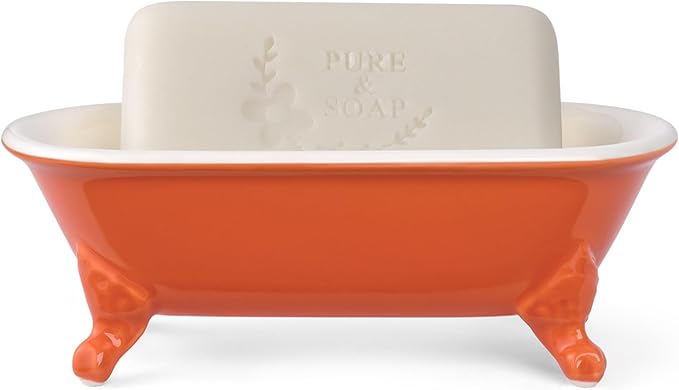 6.5" Ceramic Mini Decorative Clawfoot Bathtub Bar Soap Dish, Kitchen Sponge Holder and Shower Tray for Bathroom, 1 Pack(Dark Orange)