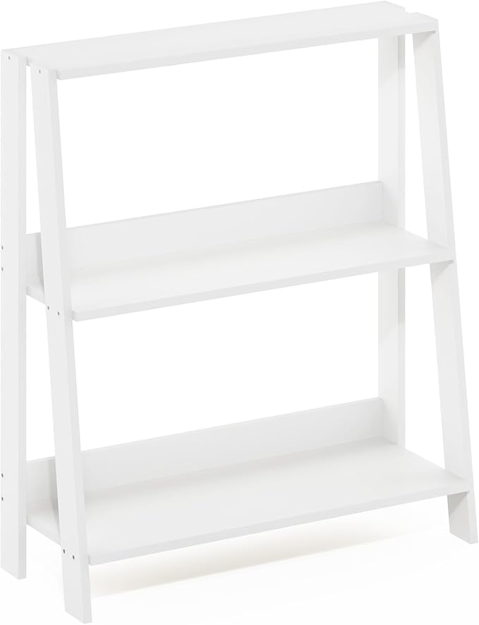 Furinno Ladder Book Shelf, 3-Tier Ladder Shelf, Open Design Bookshelf, Display Storage Bookcase, 9.3" x 23.6" x 27", Living Room, Home Office, White