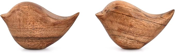 Kaizen Casa Statues Set of 2 Hand-Carved Wooden Bird Statues for Living Room, Bedroom, Tabletop – Boho Home Accents & Animal Gifts for Women, Bird Lovers (3.5'' X 2'' X 2.25'')
