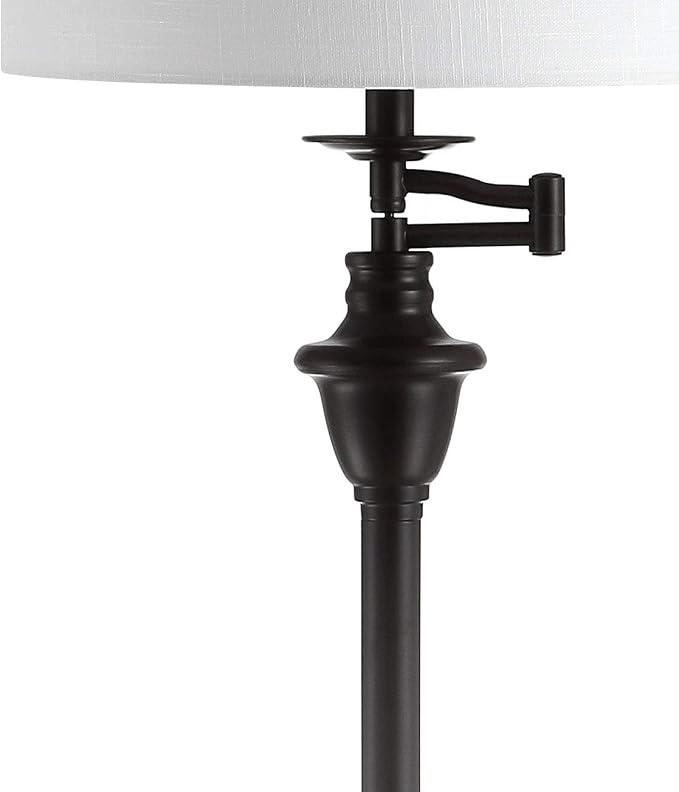 JONATHAN Y 60" Oil Rubbed Bronze Floor Lamp with Integrated Glass Side Table, Modern Swing Arm Standing Lamp for Living Room, White Linen Shade, LED Bulb Included (JYL3055C)