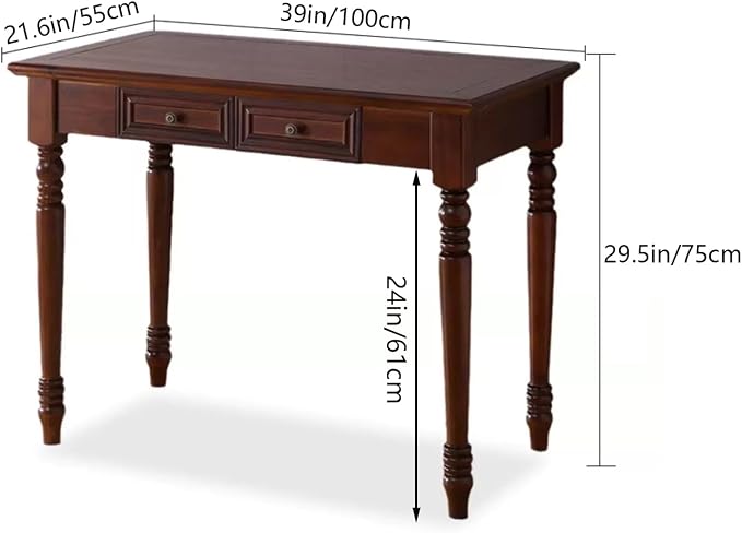 Solid Wooden Vintage Desk with Drawers, Small Dark Writing Desk with Drawers for Computer, Vintage Vanity Desk, Study or Gaming, Easy to Assemble (Walnut, 39in)