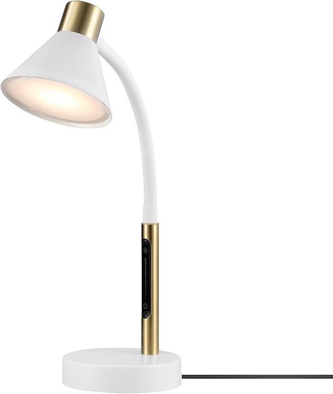 Globe Electric 62000035 15" LED Integrated Desk Lamp, Matte White, Brass Accent, Adjustable Gooseneck, Dimmable, 3 Color Temperature, 7.5W, 90 CRI, 400 Lumens, Reading Light, Dorm Room Essentials
