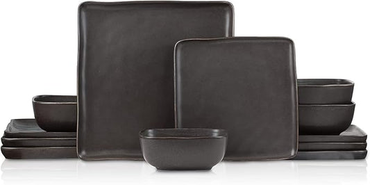 Stone Lain Jonny Stoneware 12 Piece Dinnerware Set, Home Kitchen Modern Square Dish Set with Dinner Plates, Salad Plates, & Bowls, Brown