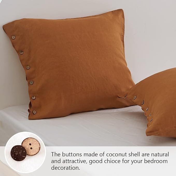 Simple&Opulence 100% Linen Euro Shams with Coconut Button (26'' x 26'') - Pack of 2 - Washed Solid Color Natural Flax Soft Breathable - Rust