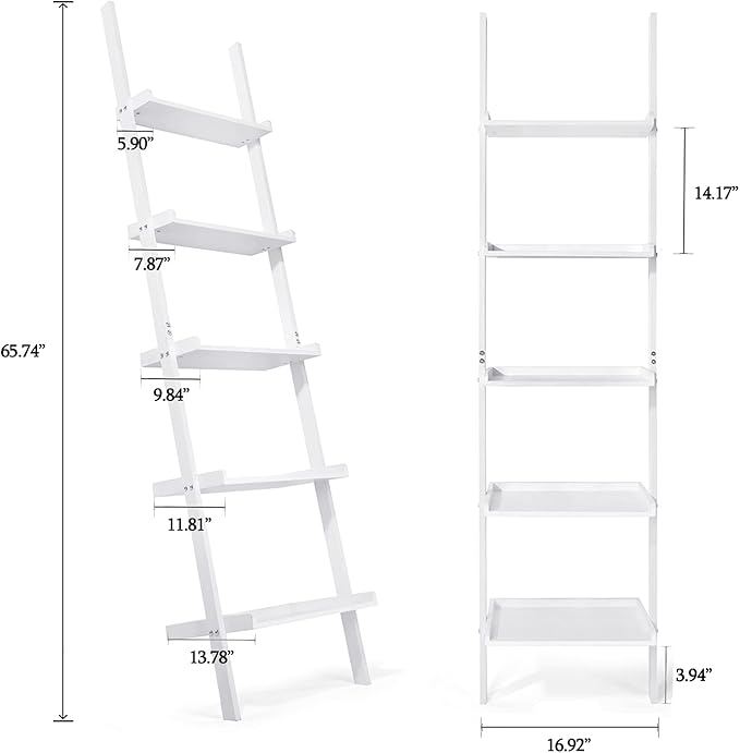 Ladder Shelf 5-Tier Bookshelf – Storage Rack Shelves Wall Leaning Shelf,White Freestanding Plant Flower Stand, Corner Display Bookcase