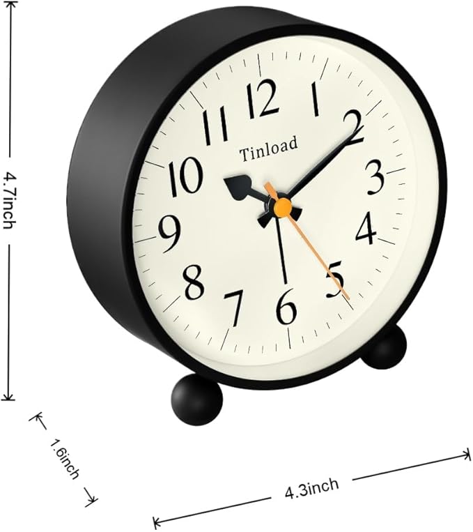 Tinload 4.5" Vintage Retro Analog Alarm Clock, Super Silent Non Ticking Small Clock with Manual Light, Snooze, Battery Operated, for Living Room, Bedroom, Bedside, Desk(Black)