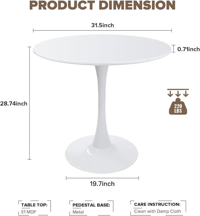 31.5 Inch Modern White Round Dining Table for 2-4 Person, Mid-Century Tulip Table with MDF Tabletop and Pedestal Base for Small Space Kitchen Dining Room