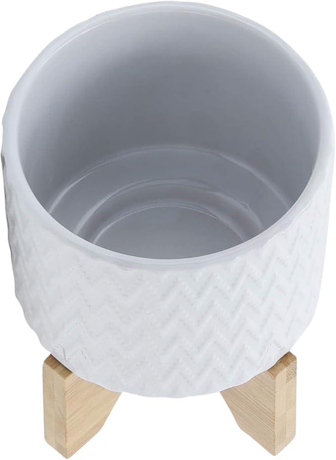 Modern Ceramic Planters with Wood Stand for Home Decor Elegant Flower Pots for Entryway, Garden, and Patio - Decorative Raised Container for Indoor and Outdoor Plants - 8", White & Tan
