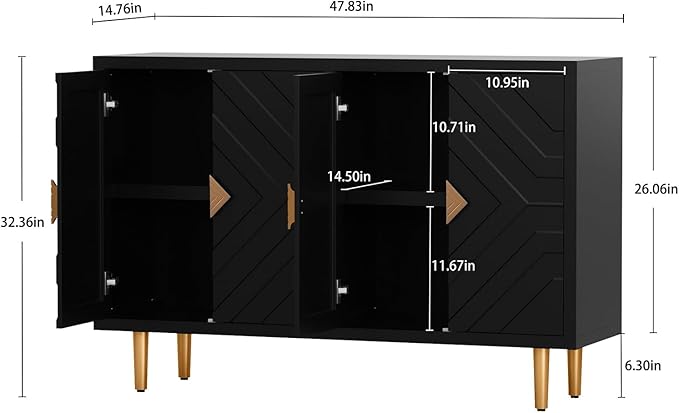HLR 48" Accent Cabinet with 4 Doors and Shelves, Modern Sideboard Buffet Cabinet with Decorative Embossed Pattern Doors, Credenza Storage Cabinet for Living Room, Kitchen, Dining Room, Hallway