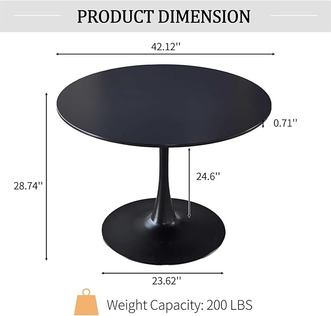 42 Inch Black Round Dining Table for 4-6 People,Mid-Century Black Tulip Table,Modern Kitchen Dining Table with MDF Table Top and Pedestal Base for Home and Kitchen
